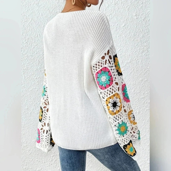 Floral Pattern Drop Shoulder Pointelle Knit Sweater - Picture 3 of 6